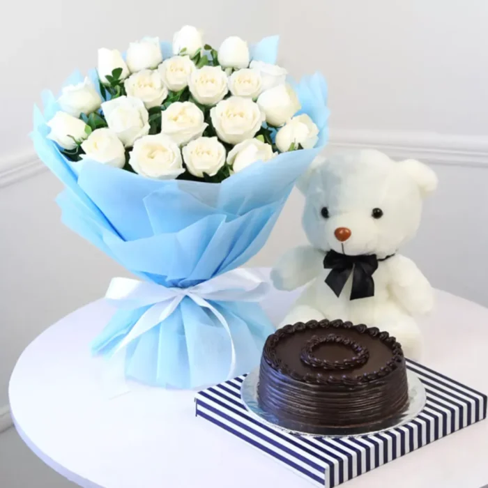 Cake With Teddy and Bouqet | 3 In 1 Deal