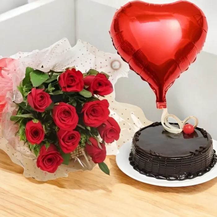 Love With Heart | Valentine Cake Bouquet, Balloon and Roses