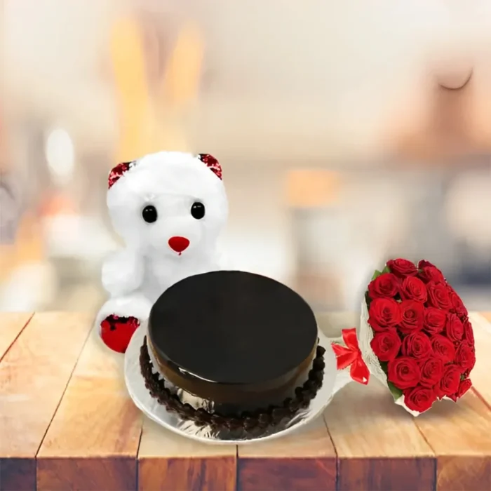 Cake With Teddy and Bouqet | 3 In 1 Deal