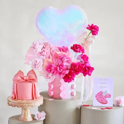 Valentine Cake Bouquet, Balloon and Roses