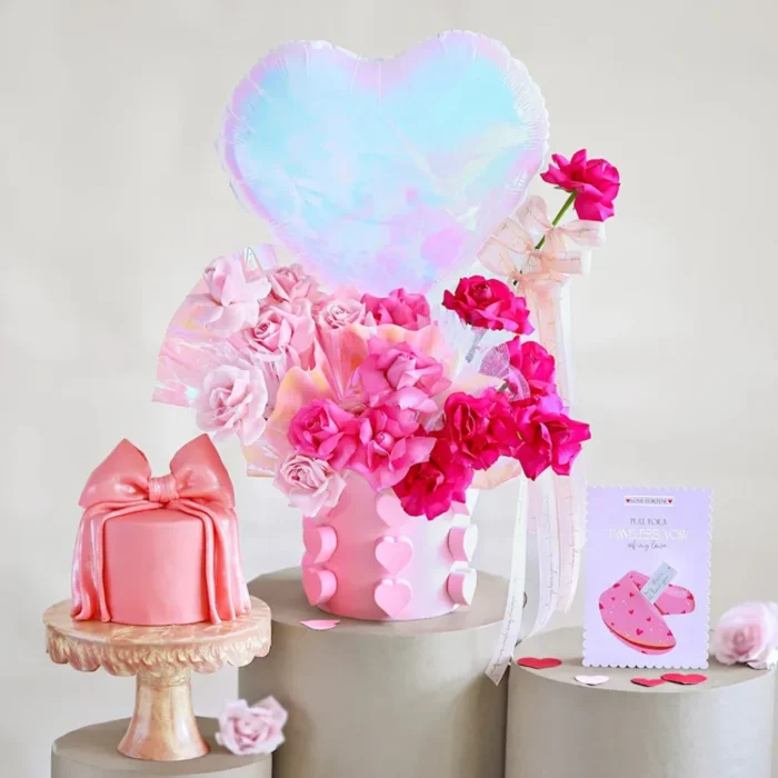 Valentine Cake Bouquet, Balloon and Roses