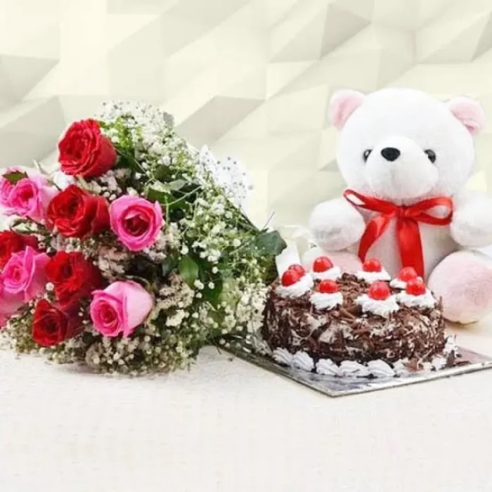 Cake With Teddy and Bouqet | 3 In 1 Deal