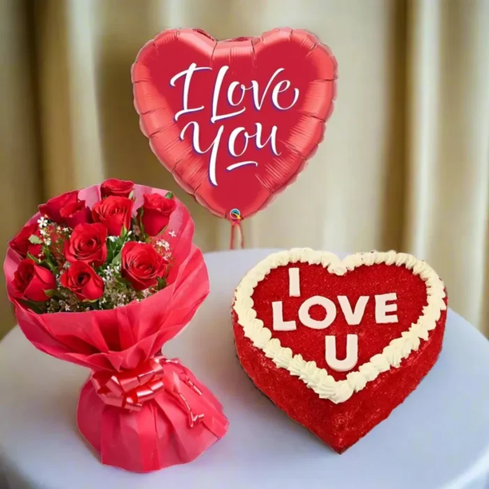 Valentine Cake Bouquet, Balloon and Roses