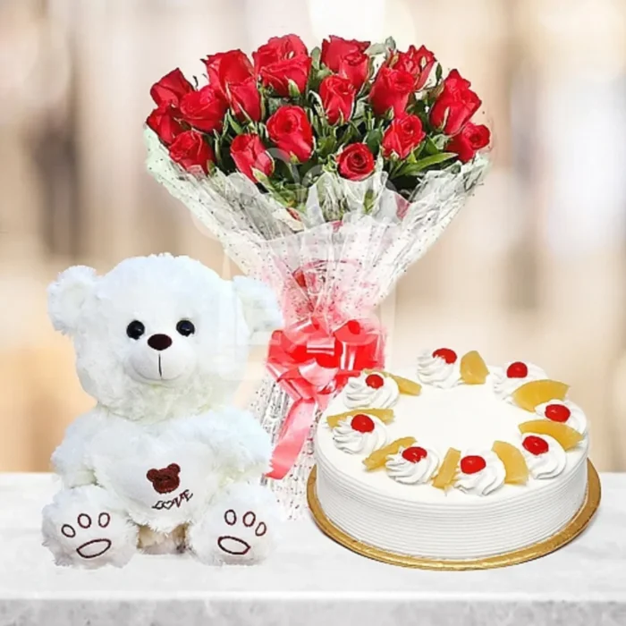 Cake With Teddy and Bouqet | 3 In 1 Deal