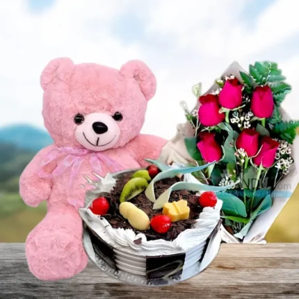 Cake With Teddy and Bouqet | 3 In 1 Deal